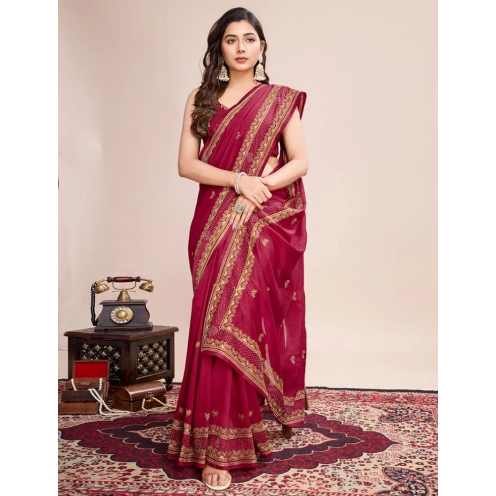 Generic Women's Vichitra Silk Embroidery Work Saree With Unstitched Blouse 5.5Mtr (Red)