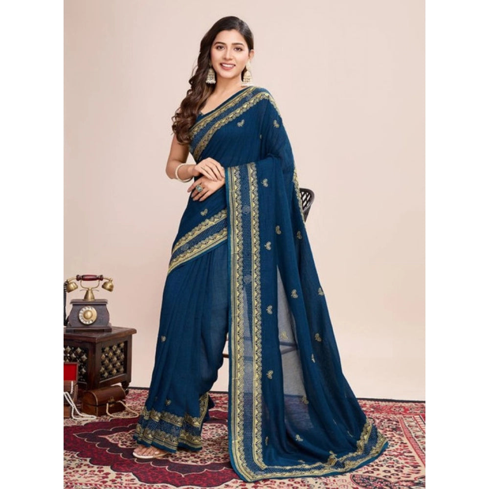 Generic Women's Vichitra Silk Embroidery Work Saree With Unstitched Blouse 5.5Mtr (Teal)