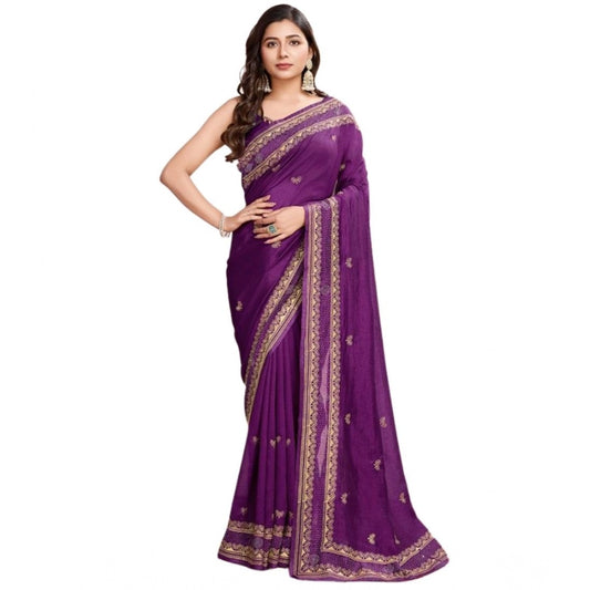 Generic Women's Vichitra Silk Embroidery Work Saree With Unstitched Blouse 5.5Mtr (Wine)