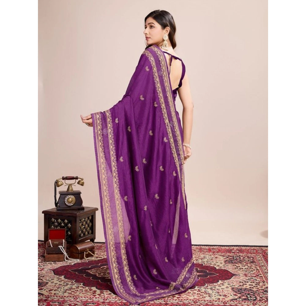 Generic Women's Vichitra Silk Embroidery Work Saree With Unstitched Blouse 5.5Mtr (Wine)