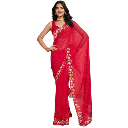 Generic Women's Georgette Printed Saree With Unstitched Blouse 5.5Mtr (Red)