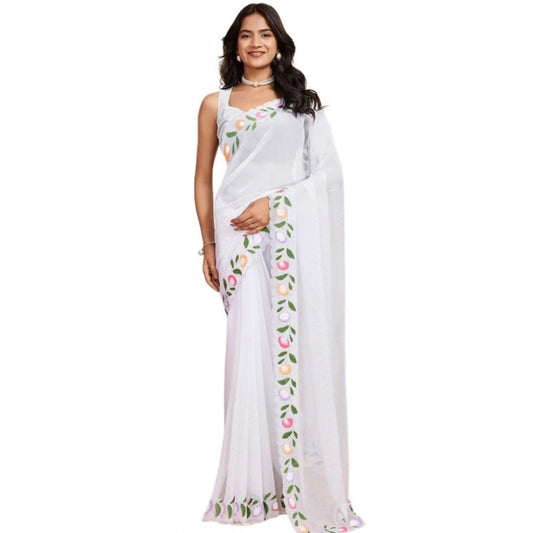Generic Women's Georgette Printed Saree With Unstitched Blouse 5.5Mtr (White)