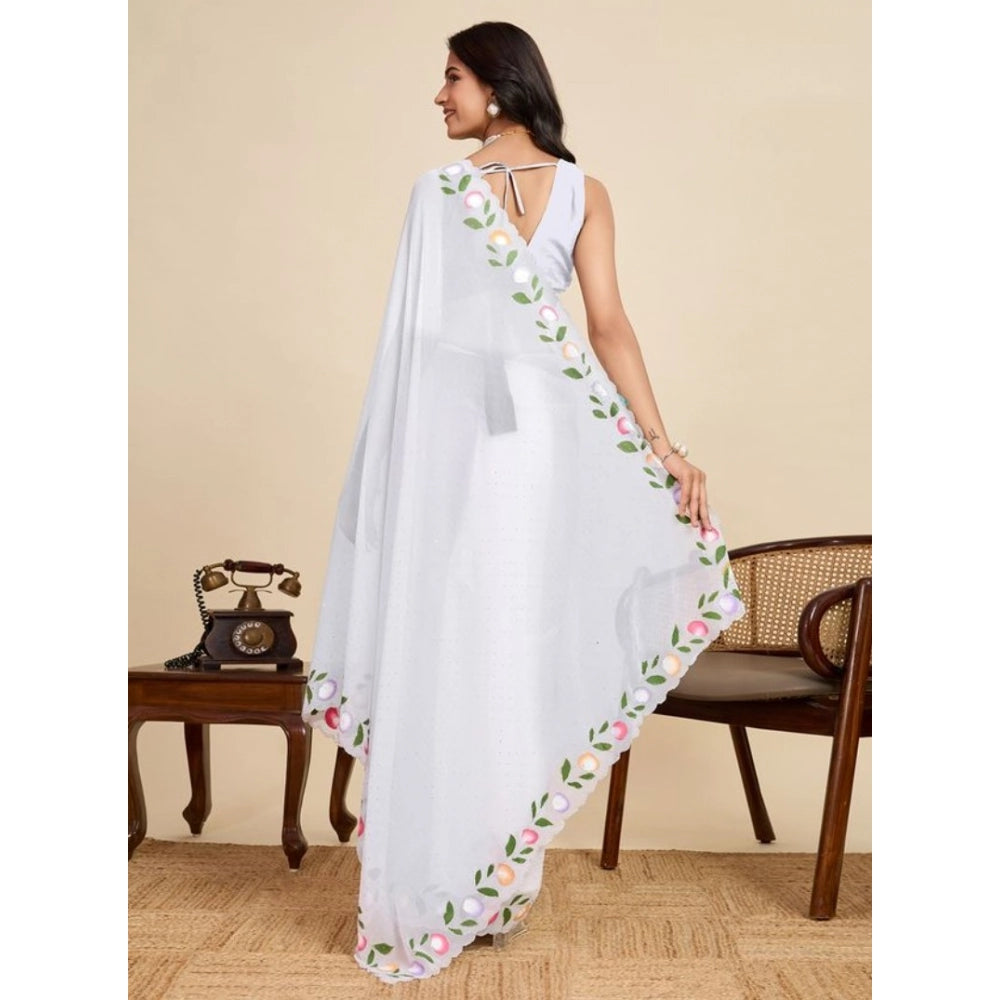 Generic Women's Georgette Printed Saree With Unstitched Blouse 5.5Mtr (White)