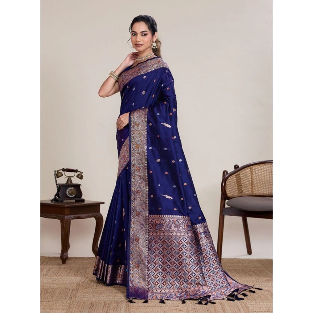 Women's Jacquard Woven Saree With Unstitched Blouse 5.5Mtr (Navy)