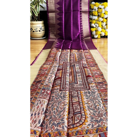 Generic Women's Tussar Silk Madhubani Saree With Unstitched Blouse 5.5Mtr (Purple)