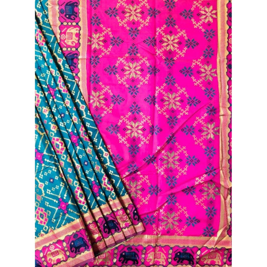 Generic Women's Patola Silk Meena And Zari Woven Saree With Unstitched Blouse 5.5Mtr (Blue)