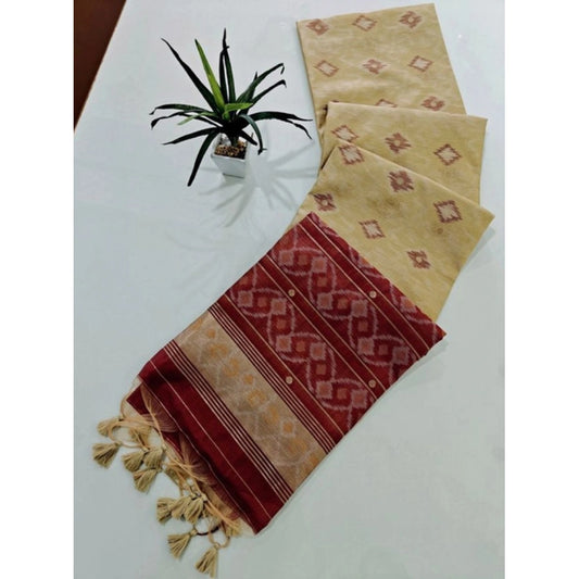 Generic Women's Raw Silk Ikkat Saree With Unstitched Blouse 5.5Mtr (Beige)