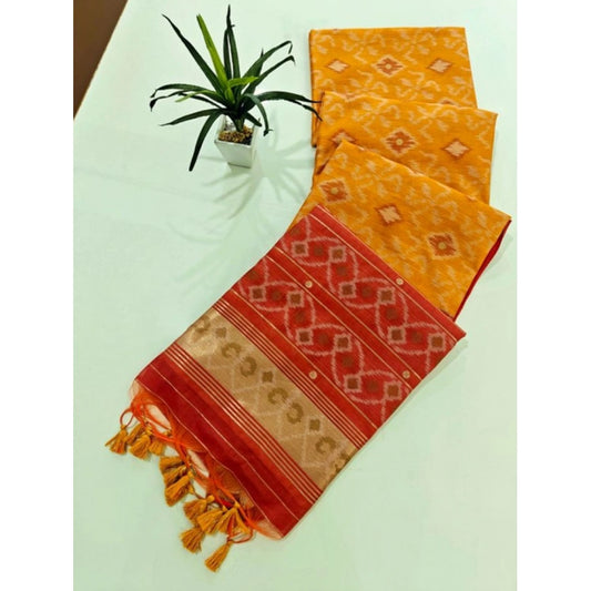 Generic Women's Raw Silk Ikkat Saree With Unstitched Blouse 5.5Mtr (Mustard)