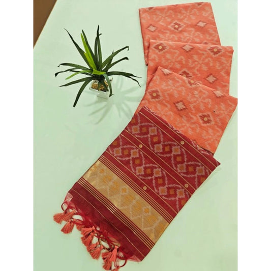 Generic Women's Raw Silk Ikkat Saree With Unstitched Blouse 5.5Mtr (Peach)