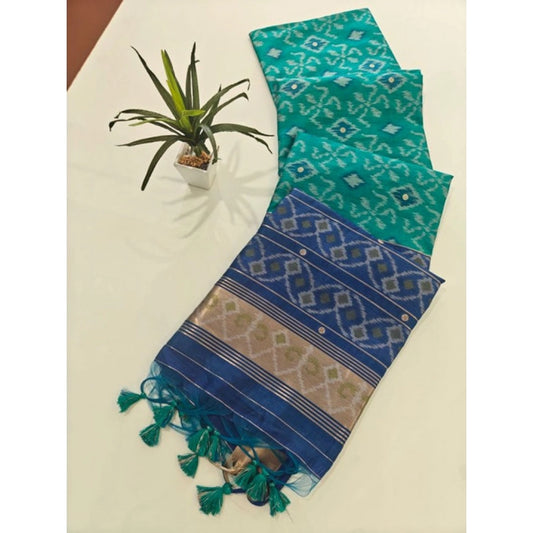Generic Women's Raw Silk Ikkat Saree With Unstitched Blouse 5.5Mtr (Sky Blue)