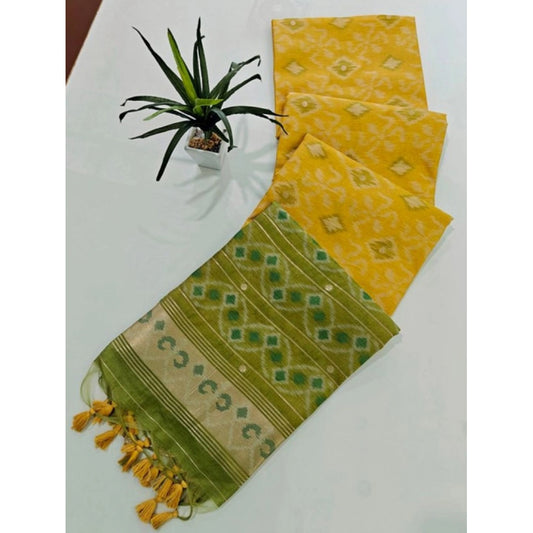 Generic Women's Raw Silk Ikkat Saree With Unstitched Blouse 5.5Mtr (Yellow)