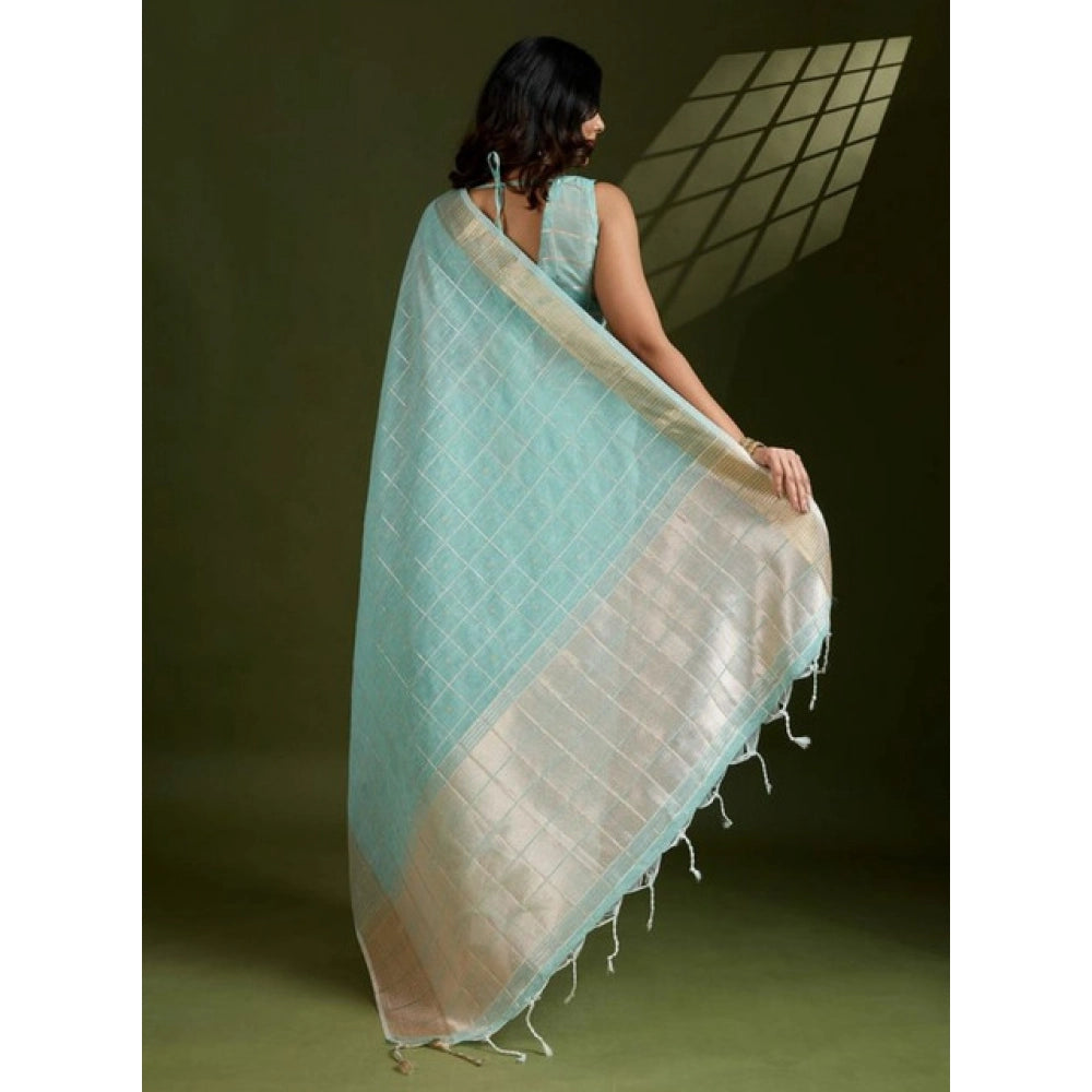 Generic Women's Tissue Checks_With_Buttis Saree With Unstitched Blouse 5.5Mtr (Aqua_Blue)