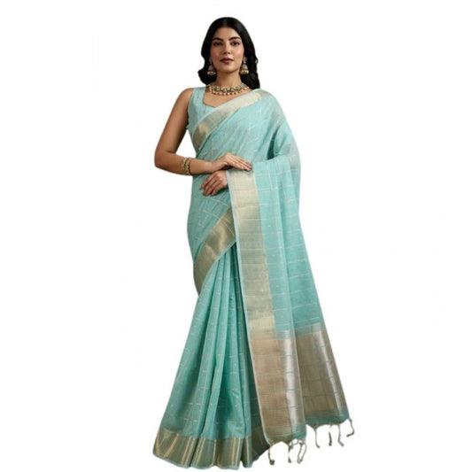 Generic Women's Tissue Checks_With_Buttis Saree With Unstitched Blouse 5.5Mtr (Aqua_Blue)