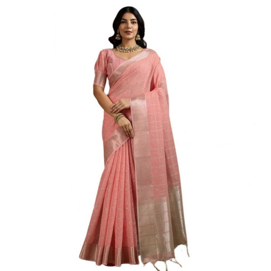 Generic Women's Tissue Checks_With_Buttis Saree With Unstitched Blouse 5.5Mtr (Peach)