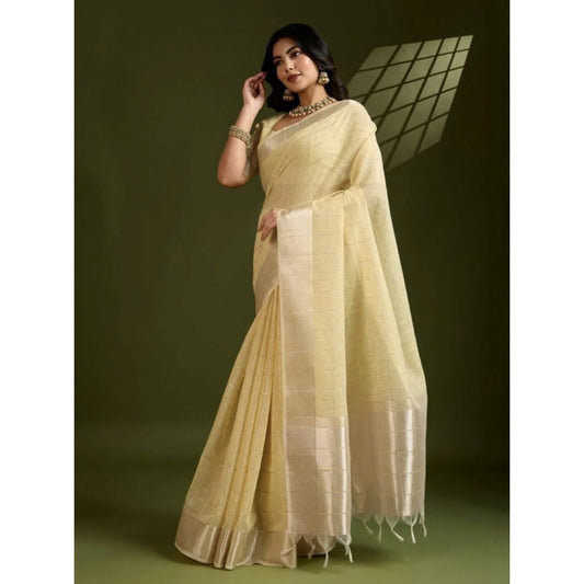 Women's Tissue Checks_With_Buttis Saree With Unstitched Blouse 5.5Mtr (Yellow)