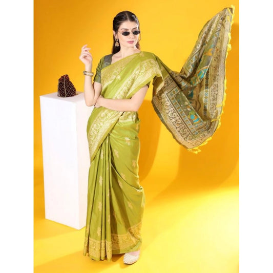 Women's Raw_Silk Woven_Motif Saree With Unstitched Blouse 5.5Mtr (Olive)