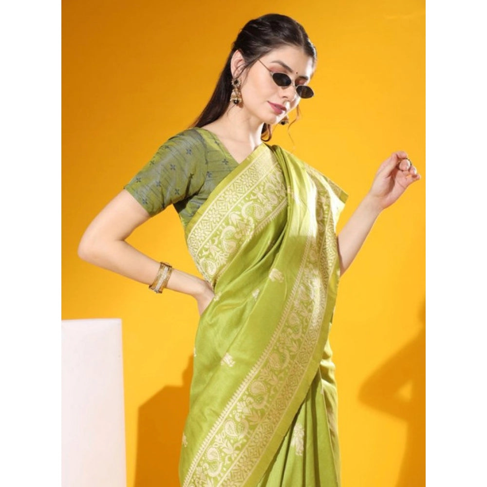 Generic Women's Raw_Silk Woven_Motif Saree With Unstitched Blouse 5.5Mtr (Olive)