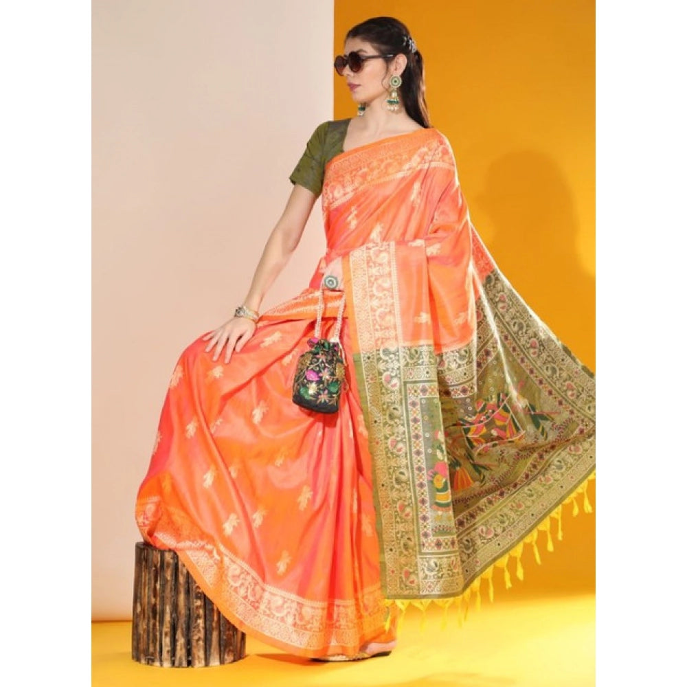 Generic Women's Raw_Silk Woven_Motif Saree With Unstitched Blouse 5.5Mtr (Orange)