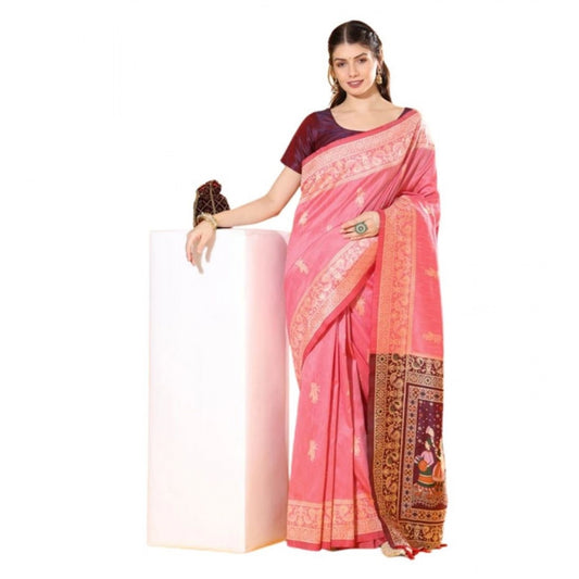 Generic Women's Raw_Silk Woven_Motif Saree With Unstitched Blouse 5.5Mtr (Pink)