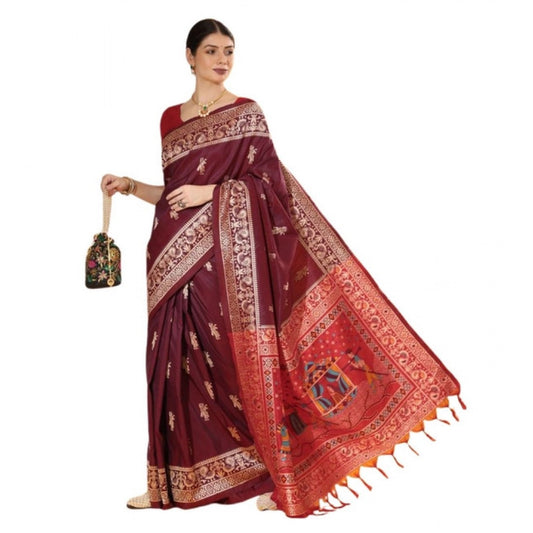 Generic Women's Raw_Silk Woven_Motif Saree With Unstitched Blouse 5.5Mtr (Maroon)