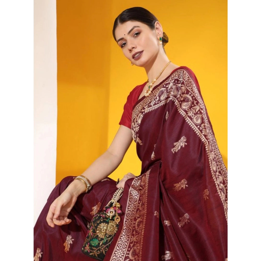 Generic Women's Raw_Silk Woven_Motif Saree With Unstitched Blouse 5.5Mtr (Maroon)