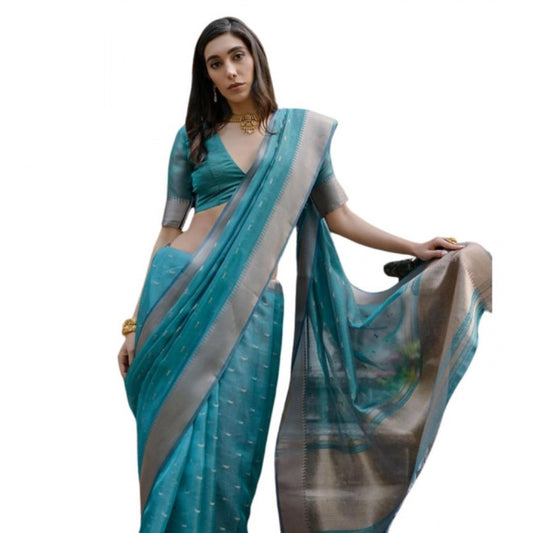 Generic Women's Silk_Blend Butti Pattern Saree With Unstitched Blouse 5.5Mtr (Teal)