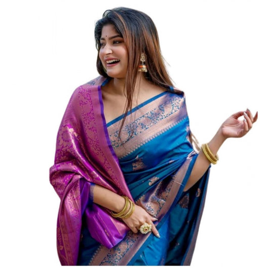 Generic Women's Katan_Silk Zari_Weaving Saree With Unstitched Blouse 5.5Mtr (Blue)