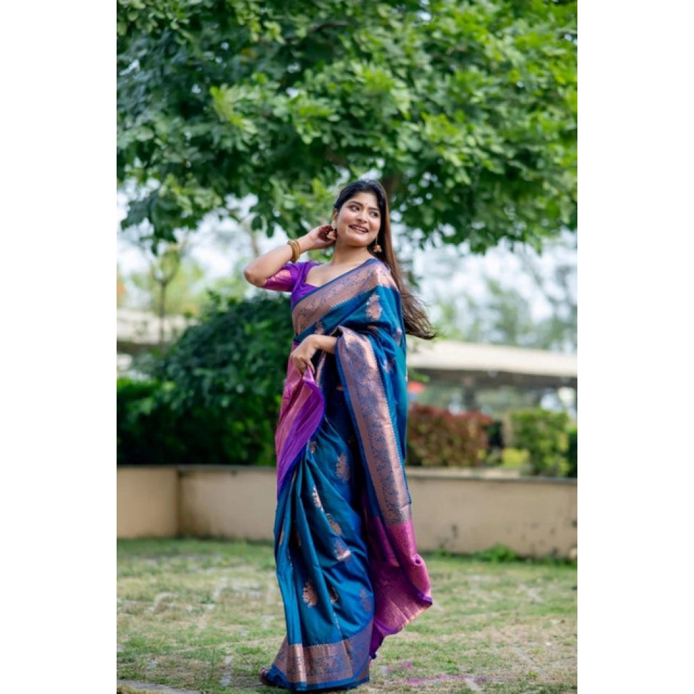 Generic Women's Katan_Silk Zari_Weaving Saree With Unstitched Blouse 5.5Mtr (Blue)
