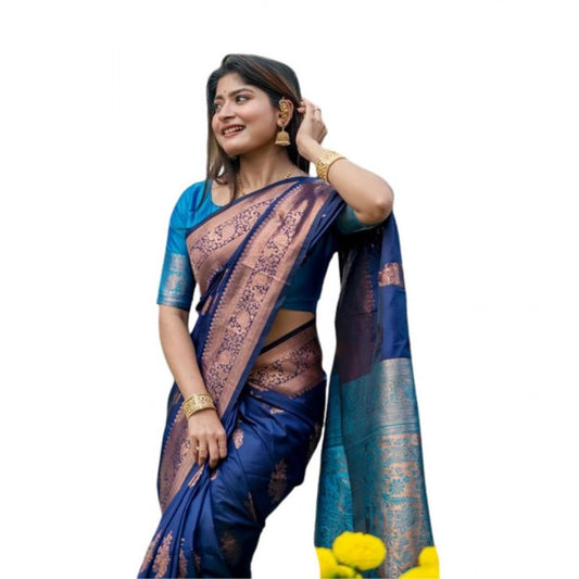 Generic Women's Katan_Silk Zari_Weaving Saree With Unstitched Blouse 5.5Mtr (Navy_Blue)
