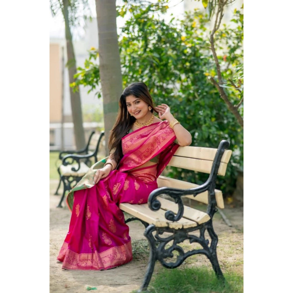 Generic Women's Katan_Silk Zari_Weaving Saree With Unstitched Blouse 5.5Mtr (Pink)
