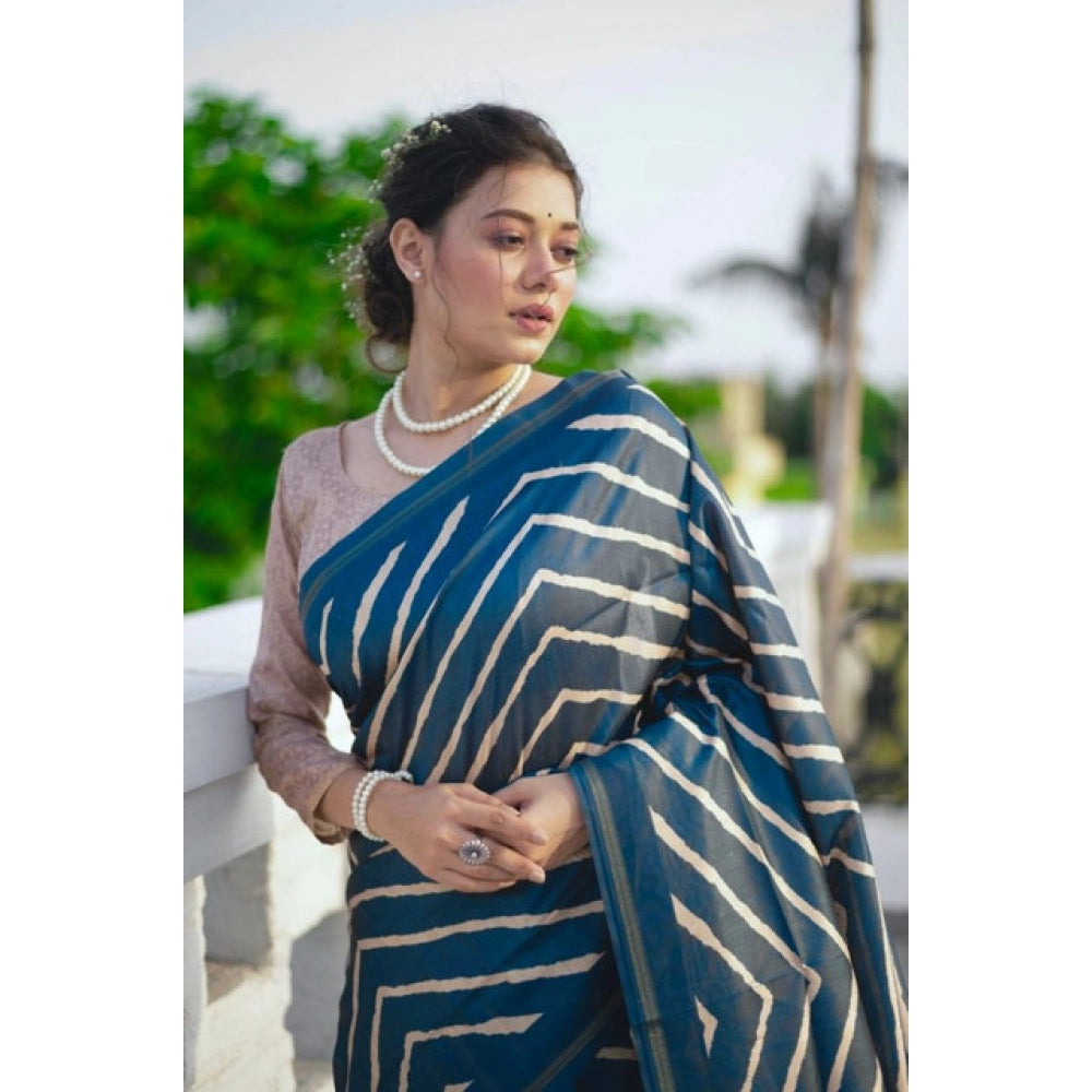 Generic Women's Faux_Tussar_Silk Geometric_Print Saree With Unstitched Blouse 5.5Mtr (Blue)