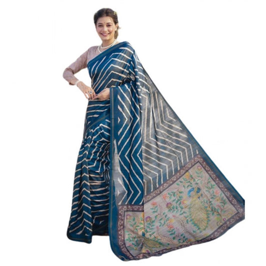 Generic Women's Faux_Tussar_Silk Geometric_Print Saree With Unstitched Blouse 5.5Mtr (Blue)