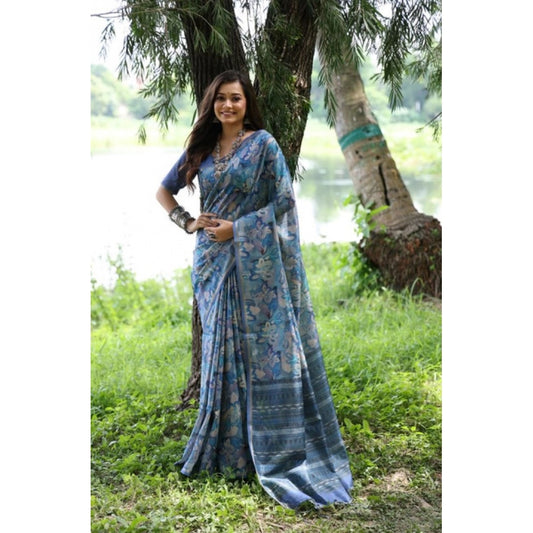 Women's Faux Tussar Silk Abstract_Print Saree With Unstitched Blouse 5.5Mtr (Blue)