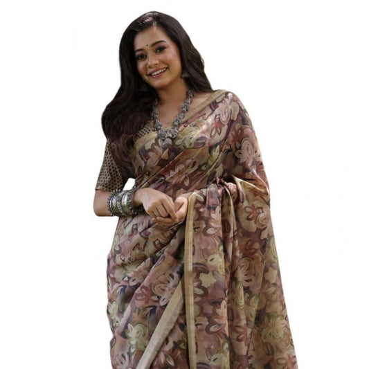 Women's Faux_Tussar_Silk Abstract_Print Saree With Unstitched Blouse 5.5Mtr (Brown)