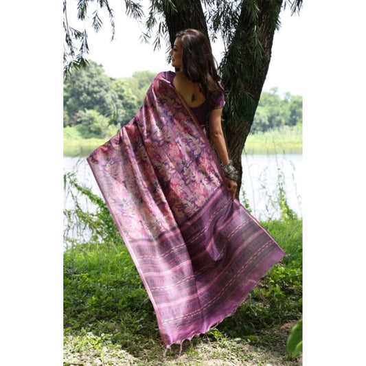 Women's Faux_Tussar_Silk Abstract_Print Saree With Unstitched Blouse 5.5Mtr (Purple)