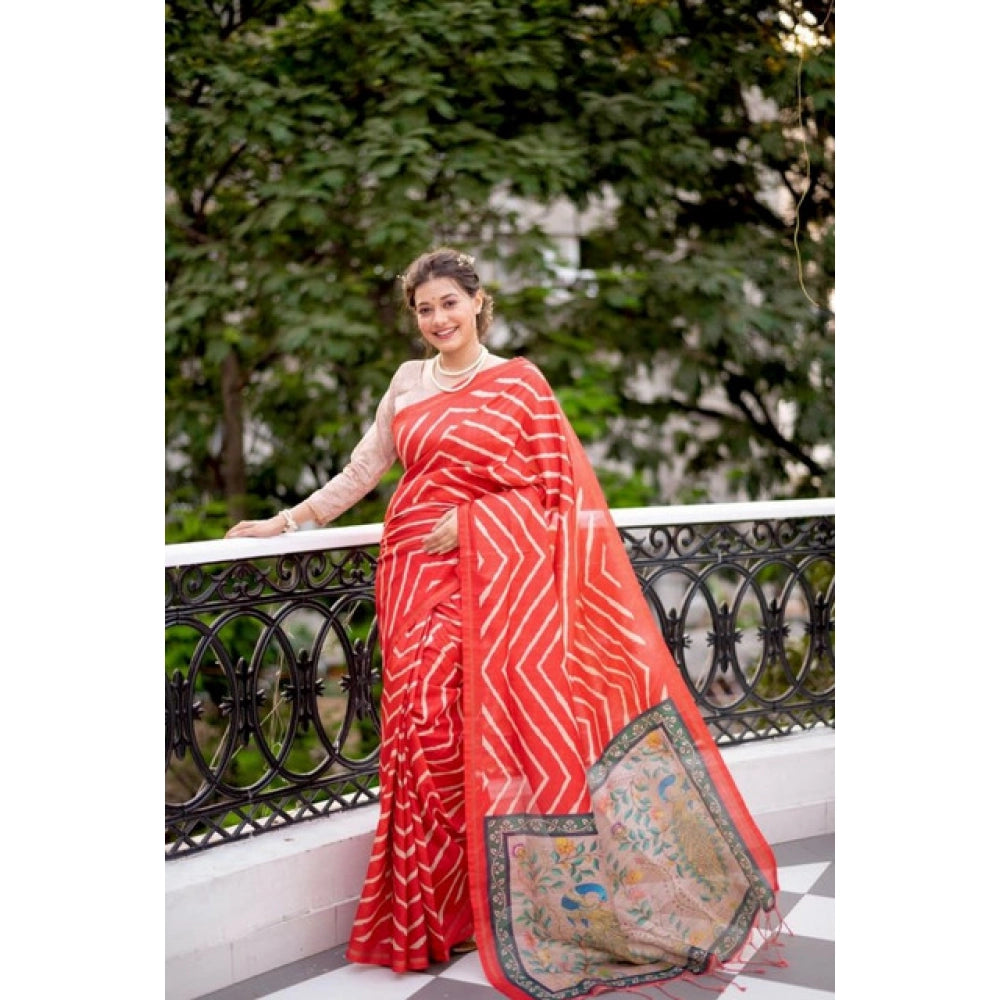 Women's Faux Tussar Silk Geometric Print Saree With Unstitched Blouse 5.5Mtr (Red)