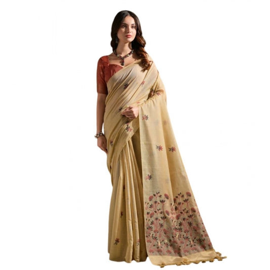 Generic Women's Blended_Cotton Floral Saree With Unstitched Blouse 5.5Mtr (Beige)