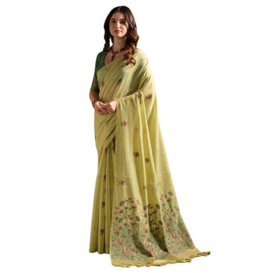 Generic Women's Blended_Cotton Floral Saree With Unstitched Blouse 5.5Mtr (Light_Green)