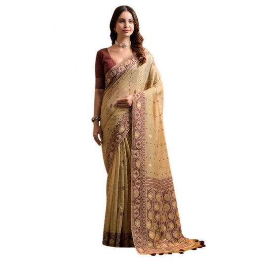Generic Women's Blended_Cotton Woven Saree With Unstitched Blouse 5.5Mtr (Light_Beige)