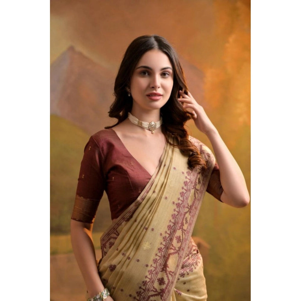 Generic Women's Blended_Cotton Woven Saree With Unstitched Blouse 5.5Mtr (Light_Beige)