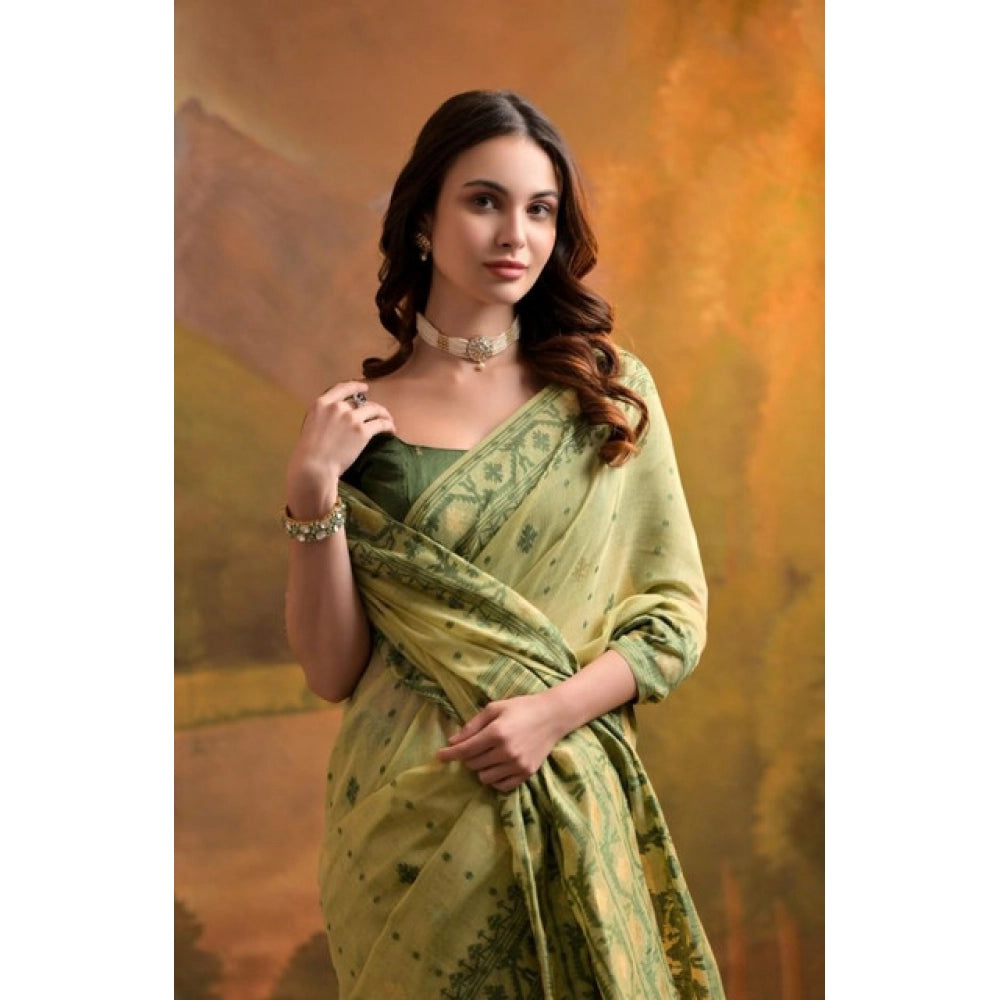 Generic Women's Blended_Cotton Woven Saree With Unstitched Blouse 5.5Mtr (Light_Green)