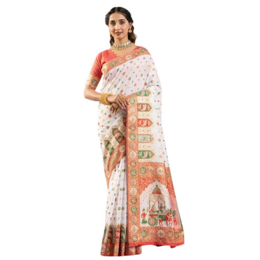 Generic Women's Faux_Banarasi Woven Motifs Saree With Unstitched Blouse 5.5Mtr (White)