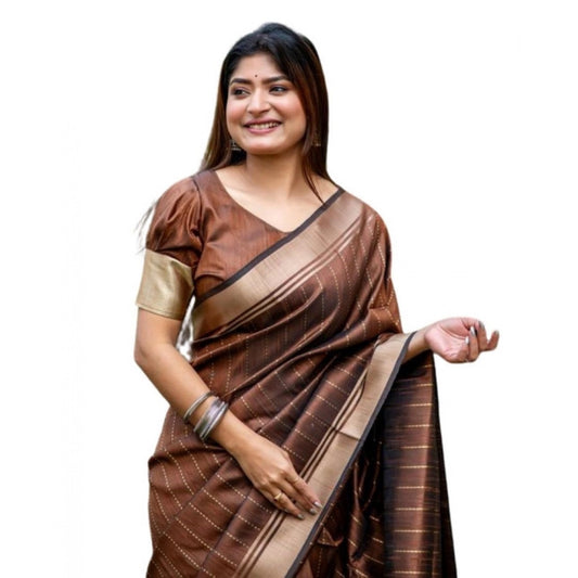 Generic Women's Faux_Banarasi Lining Pattern Saree With Unstitched Blouse 5.5Mtr (Light_Brown)