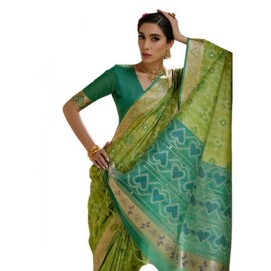Generic Women's Silk_Blend Ethnic Ikat Pattern Saree With Unstitched Blouse 5.5Mtr (Light_Green)