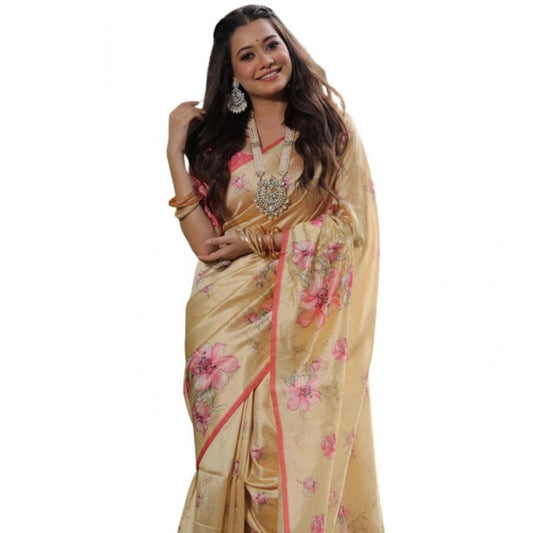 Generic Women's Faux_Tussar Floral_Print Saree With Unstitched Blouse 5.5Mtr (Cream)