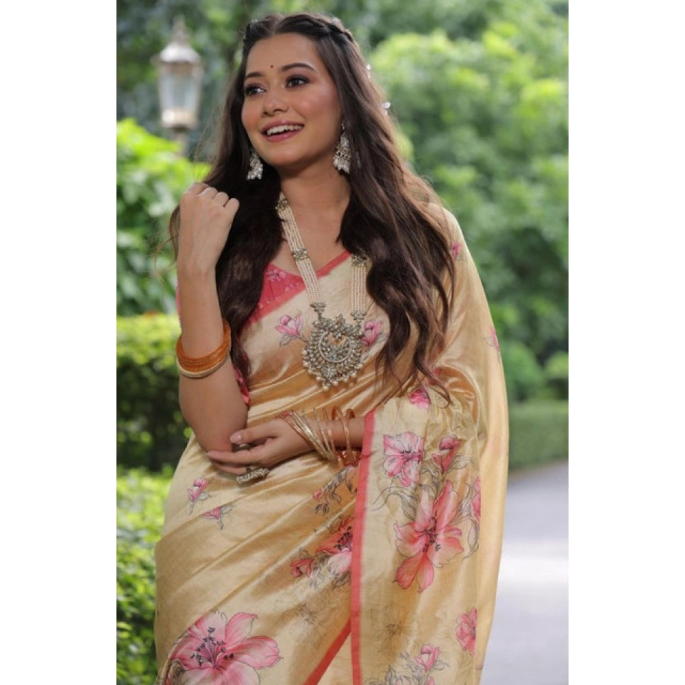 Generic Women's Faux_Tussar Floral_Print Saree With Unstitched Blouse 5.5Mtr (Cream)