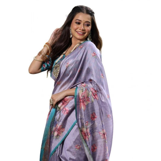 Generic Women's Faux_Tussar Floral_Print Saree With Unstitched Blouse 5.5Mtr (Lavender)