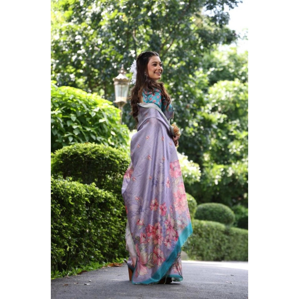 Generic Women's Faux_Tussar Floral_Print Saree With Unstitched Blouse 5.5Mtr (Lavender)