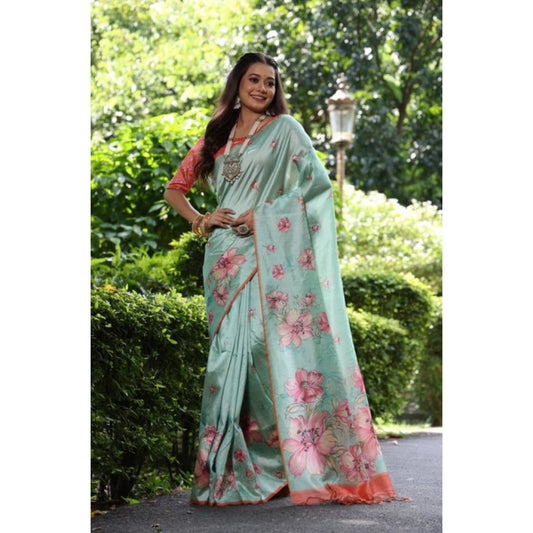 Generic Women's Faux_Tussar Floral_Print Saree With Unstitched Blouse 5.5Mtr (Dark_Green)