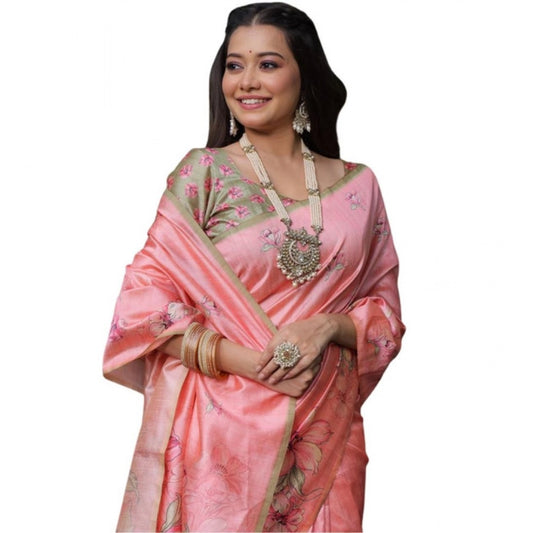 Generic Women's Faux_Tussar Floral_Print Saree With Unstitched Blouse 5.5Mtr (Peach)